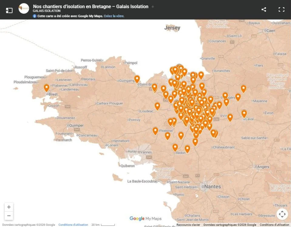 Carte des chantiers de Galais Isolation, entreprise d’isolation à Rennes et en Bretagne