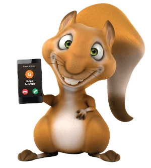 Isidore, la mascotte écureuil de Galais Isolation, reçoit un appel de Galais Isolation sur son téléphone